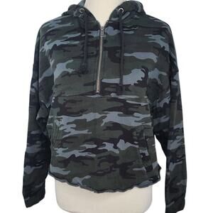 Sanctuary Crop Hoodie Sweatshirt Black Gray Camo XS Oversized Boxy 1/2 Zip